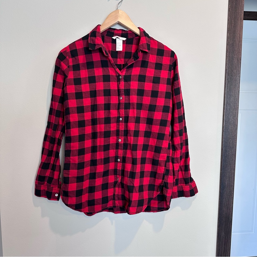 H&M Buffalo Plaid Checkered Red Black Button Down Long Sleeve Cotton Holiday